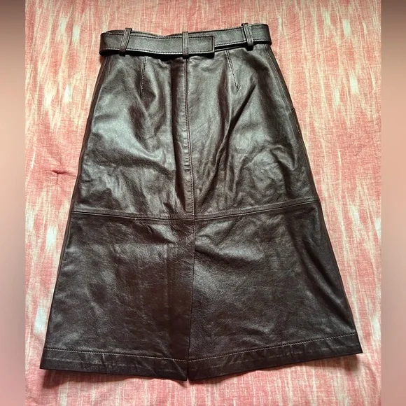 NEW COACH Espresso Lamb Leather Mahogany Snap Front Slit Midi Belt Skirt sz 0 - Picture 9 of 15